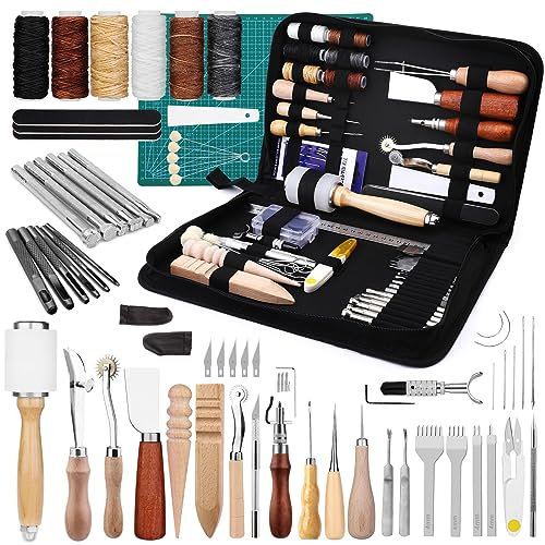 kit de cuero, kit de costura de cuero, herramientas de artesanía de cuero con herramientas de estampado de cuero, kit de costura de cuero, punzón de garras para fabricación artesanal de cuero