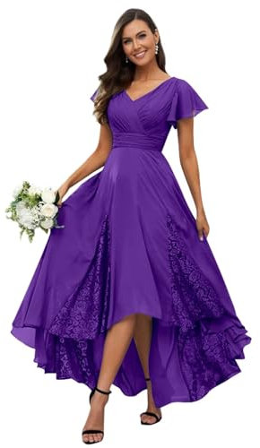 Longueur thé mère de la mariée robes pour mariage manches volants mousseline dentelle longue robe de soirée, violet, 40