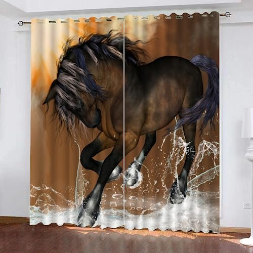 GIOVIA 3D Pferd Vorhänge Abdunkelnde mit ösen 2 Stücks Gardinen Blickdicht Verdunkelungs Vintage Pferd Kälteschutz Scheibengardinen für Junge Mädchen Schlafzimmer B 234 X H 183 cm