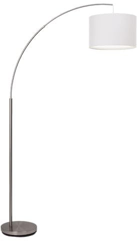 Lightbox Bogenstehlampe mit weißem Stoff Schirm & Fuß-Schalter | 1,8 m Höhe | skandinavische Standleuchte als Leselampe | E27 Fassung | aus Metall/Textil in Eisen/Weiß