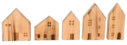 RiloStore 5er Set Holz Haus braun 7-11cm groß Holzhäuser p726 Dekohäuser Häuschen Aufsteller Zuhause Dekohaus Raumdeko Haus Dekoset Herbstdeko Weihnachtsdeko