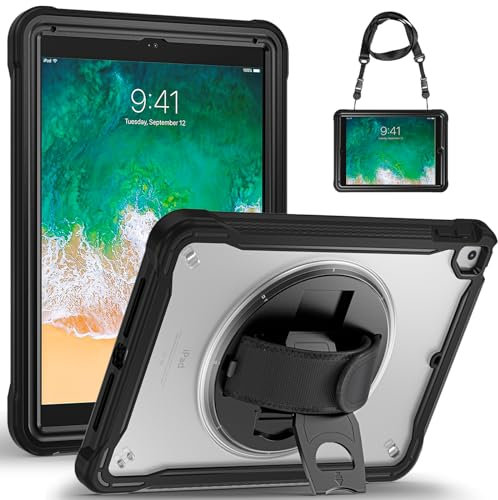 Gerutek Funda para iPad 9,7 Pulgadas(6ª/5ª Gen), Air 2/Pro 9.7, Estructura de 2 Capas, Trasera Transparente, Carcasa Rugosa con Soporte Giratorio, Correa de Mano y Hombro Ajustable/Desmontables, Negro