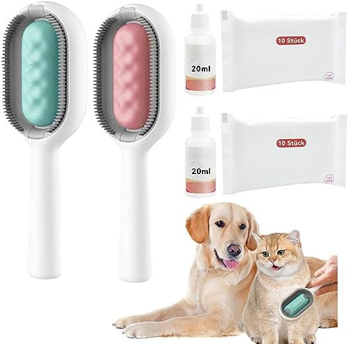 Souarts Tierhaarentfernungskamm mit Wassertank, Katzen Hundbürste Reinigungsbürste Lang Kurz Tierhaarentferner mit Feuchttücher für Unterfell Losem Fell Schmutz (2pcs Blau+Rosa Langhaar)
