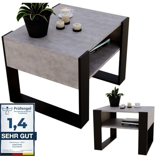 CraftPAK Wohnzimmer Tisch für Couch aus hochwertigem Holz, Stabiler & moderner Couchtisch mit zusätzlicher Ablagefläche Farbe, Beton Schwarz
