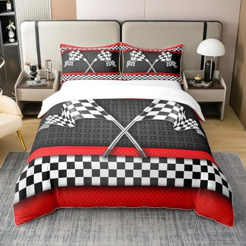 Castle Fairy Bettbezug-Set aus 100 % natürlicher Baumwolle, Rennwagen-Motiv, schwarz-weiß, karierte Flagge, Doppelbettgröße mit 1 Kissenbezug, rote Streifen, geometrisches Gitter, kariertes