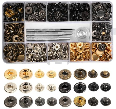 Kit di 120 bottoni a pressione in metallo da 12 mm con strumento di fissaggio, resistenti senza cuciture, ideali per rivetti in pelle, jeans, tela, artigianato fai da te, 6 colori