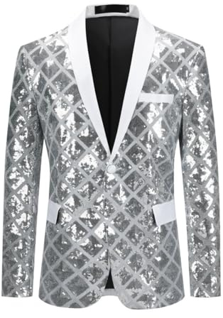 Allthemen Blazer Homme à Paillettes Casual Veste de Smoking Slim Fit Dorés pour Soirée #44 Argenté M