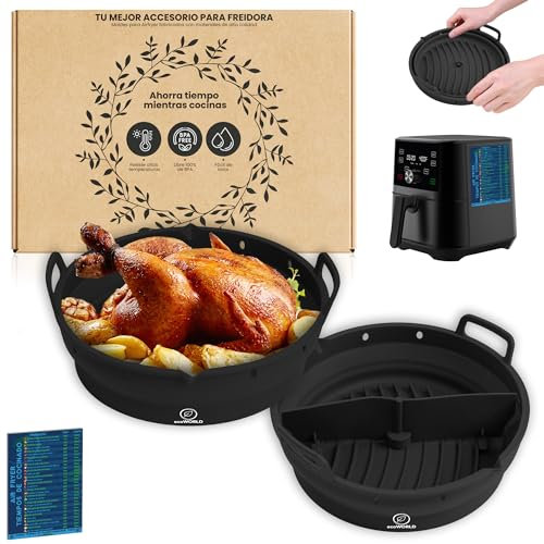 ECOWORLD Pack2 Molde Silicona Freidora de Aire 22cm + Separador de Alimentos + Imán tabla tiempos de cocción - Air Fryer - Accesorios Freidora Sin Aceite - Compatible Cosori 5,5L-6,4L y CECOTEC 5,5L