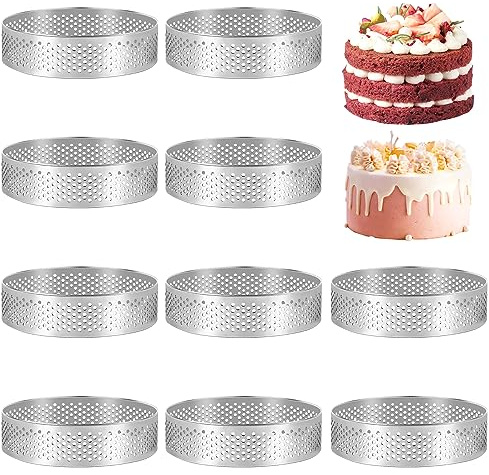 Happysnow 10 StüCk Runder Edelstahl-Tortenring Tower Pie Kuchenform Backwerkzeuge Perforierter Kuchen Mousse Ring, 8 cm