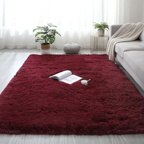 Lifup Tappeti Salotto Shaggy Tappeto a Pelo Lungo Tappeto Peloso, Tappeto Morbido e Soffice per la Camera da Letto, Morbidi Tappeti Antiscivolo Lavabili Borgogna 60 x 90 cm