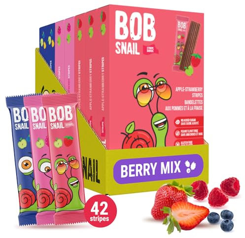 Bob Snail Fruit Leather Stripes – Mix Flavors Blueberry, Raspberry, Strawberry – Sugar Free, Vegan, Natural Healthy Fruit Snacks for Adults and Kids, Bulk Candy Family Box, 42 Bars (Pack of 7, 588g)