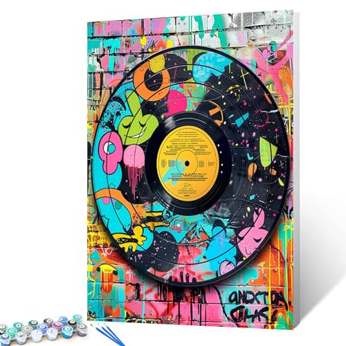 Tucocoo Vinyl-Schallplatten Malen nach Zahlen für Erwachsene Leinwand Buntes CD-Albumcover DIY-Malset inklusive Acrylfarben&Pinsel Retro 90er Jahre Wanddekoration im Graffiti-Stil 40,6 x 50,8 cm