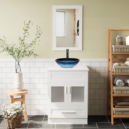 ZealWe Badezimmer Badmöbel Set Waschbeckenunterschrank Unterschrank 60 cm mit Waschtisch Spiegel Schubladen, Badezimmermöbel Waschbecken mit Badezimmerschrank Badschrank Spiegelschrank, Meerblau