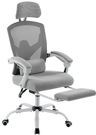 Sweetcrispy Ergonomic Office Chair Ufficio reclinabile con poggiapiedi, Sedia per Computer con Schienale Alto in Rete con Ruote, Metallo, Grigio
