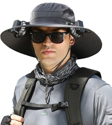 Outdoor Wide Brim Sun Hat with 2 Solar Fan, 2024 New Solar Fan Hat, Hat with Solar Fan for Outdoor Fishing Summer Camping Beach, Dark Gray