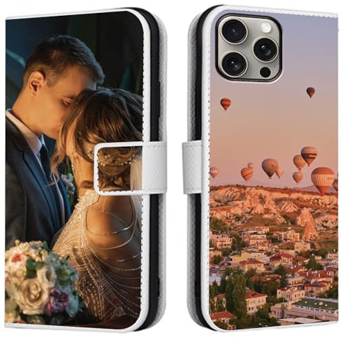 CAXKJE Lederhülle für iPhone 15 Pro Personalisierte Handy Hülle,mit Eigenem Foto Bild Text Individuelle Schutzhülle,Leder Flip Case Schutzhülle Stoßfest Hülle -SAMHD-White