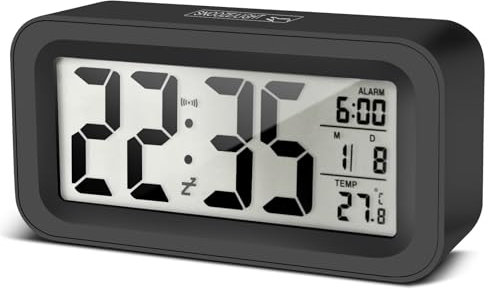 Yozexin Upgraded Digital Alarm Clock, Alarm Clock Bedside, with Temperature Larger Snooze Night Light Function,Portable Snooze Calendar, Battery Powered Clock for Bedroom Office Desk Travel (Black)