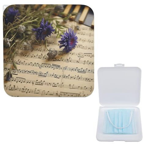 LQPMNK Portable Mask Storage Box, Music Sheet Print Lightweight Mask Holder for Disposable & Cloth Masks - Compact & Stylish Design