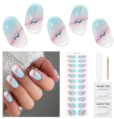 DUKASOU Semi Cured Gel Nail Strips No UV Light Needed, 22 PCS Gel Stickers, Wraps Set, Salon Quality Polish (Pinkish Blue)