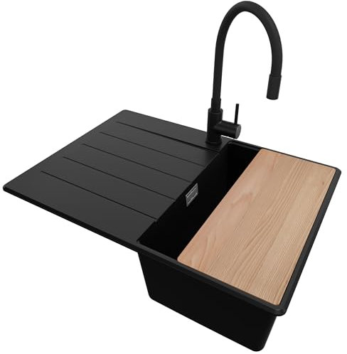 PRIMAGRAN Evier Cuisine en Granit Noir 70x50cm, Lavabo 1 bac + Kit de Vidage + Robinet 40x13cm + Planche à Découper, Évier à Encastrer au meuble 40cm - Copenhague