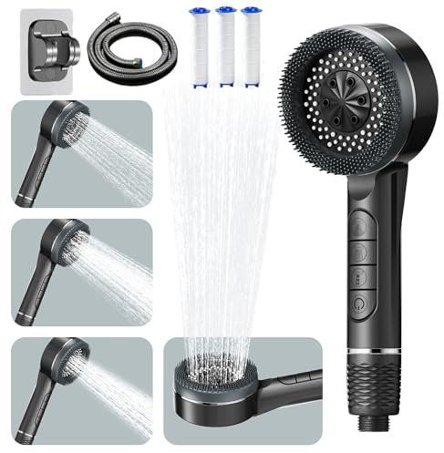 ButterFox Pommeau de Douche Haute Pression avec 4 Types de Jets, Economie d'Eau, Anti Calcaire avec Filtre, Avec Tuyau 1.5M et Brosse de Massage en Silicone