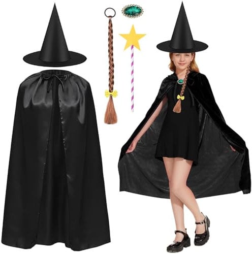 Room on The Broom Costume, 2025 World Book Day Costumes for Girls Kids, Halloween Witch Costume Witch Hat Witches Cape 67'' Lace Witches Hat Long Gloves Eyemask Nose, Witch Accessories for Girls