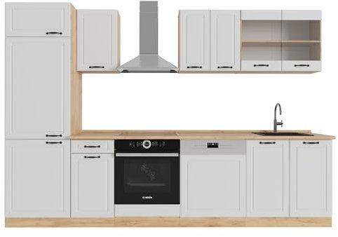 Vicco Küchenzeile R-Line, Weiß Landhaus/Goldkraft Eiche, 300 cm ohne Arbeitsplatte