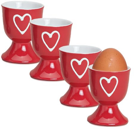 Colourful Country House Style Egg Cups Set of 4 Red Round Ceramic Breakfast Eggs Hearts Coasters