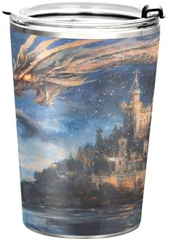 Sevdomey Dream Castle Dragon Insulated Tumbler 11oz, Vacuum Stainless Steel Travel Mug with Lid & Straw, Hot/Cold Reusable Cup, BPA Free