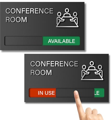 Cartello per sala conferenze, con scritta in lingua inglese In a Meeting, per la porta dell'ufficio, non disturbare, in uso/disponibile, indicatore scorrevole per ufficio che indica se la sala