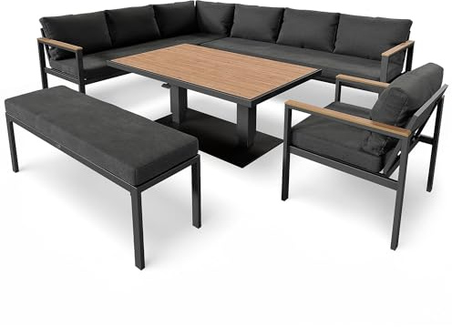 di volio Gartenmöbel-Set Aluminium mit Tisch für 10 Personen Outdoor Noli | Ecksofa, Sessel, Bank, höhenverstellbar 47–70 cm, Kunstholz, Wetterfest, abnehmbare Bezüge, korrosionsbeständig
