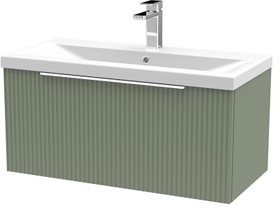 Balterley Vanity Unit with Basin Wall Hung, Single Drawer Soft Close with Mid Edge Sink and Handle, Bathroom Vanity Units with Basin, Fluted Front Sink Cabinet - 810 x 390 x 399mm (Green)