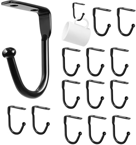 Elyyapt 20 PCS Cup Hooks Coffee Mug Holder Under Cabinet, Metal Mug Rack Mugs Hook Under Shelf Coat Hooks with Screws for Kitchen Utensil Storage Drying Pots Pans Coffee Tea Cups, Black