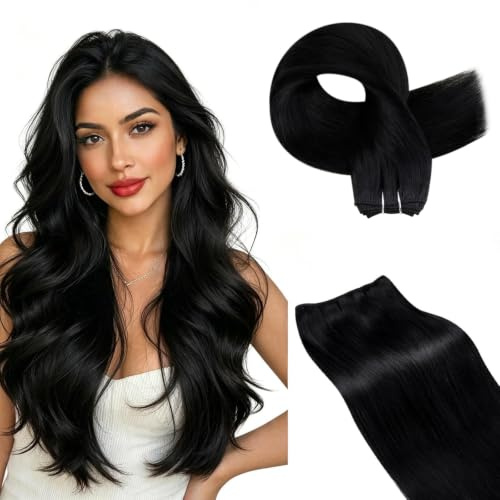 Hetto Tressen Echthaar Schwarz 45cm 100g #1 Doppelt Gewebt | Naturschwarz, 100% Remy Echthaar Extensions, langlebiges Volumen,Weiches Finish für Alltag, Party & Hochzeit