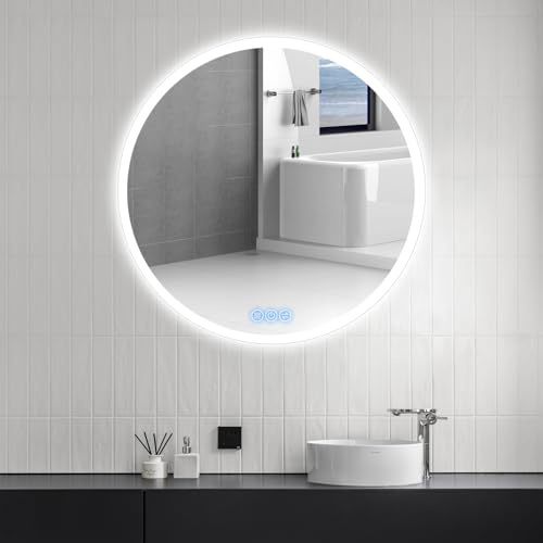 baklon Badspiegel mit Beleuchtung Rund 80cm, LED-Badezimmerspiegel mit Touch-Schalter, Antibeschlag, 3 stufenlos dimmbare Lichtfarben, IP65, HD-Hartglas, Doppelter Lichtring