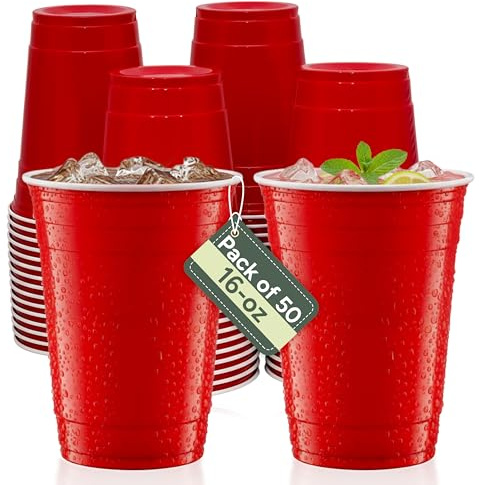 Zuvo Red Party Cups – 16oz Plastic Disposable Cups (Pack of 50) – Durable Red Plastic Cups for Events, BBQs, Picnics & Parties – Recyclable & Easy to Use – Classic Design