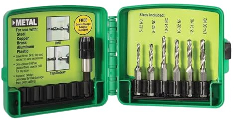DTAPKIT Metal Drill/Tap Kit for Greenlee，6-Piece Drill, Tap, and Deburring/Countersinking Set with Quick Change Adaptor，6-32 - 1/4-20 Drill and Tap Set