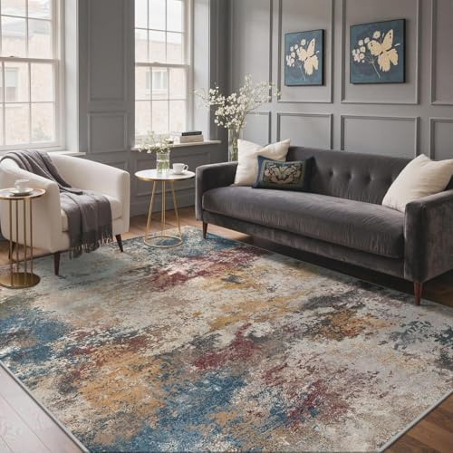 GENIMO Waschbar Teppich Wohnzimmer 240x300 cm Kurzflor Bunt | Waschbarer Modern Abstrakter Teppich,Rutschfest, Kurzflorig, Weich, für Wohnzimmer, Schlafzimmer, Esszimmer,Büro