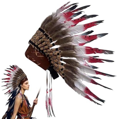 CAKEEYUM Coiffure indienne plumes casque indien amérindien Cosplay Costumes d'Halloween pour hommes femmes, rouge