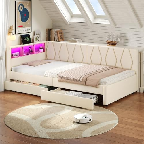 3ft Single Daybed with 2 Drawers and LED Storage Headboard, Functional Upholstered Bed with Charging Station, Linen Single Bed Frame Sofa Bed Guest Beds for Living Room and Bedroom, No Mattress, Beige