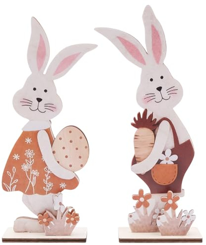 Ennoxwi 2 piezas de decoración de Pascua, conejito de Pascua de madera con base, figura de Pascua para interior, decoración tradicional para mesa y alféizar de ventana, color marrón