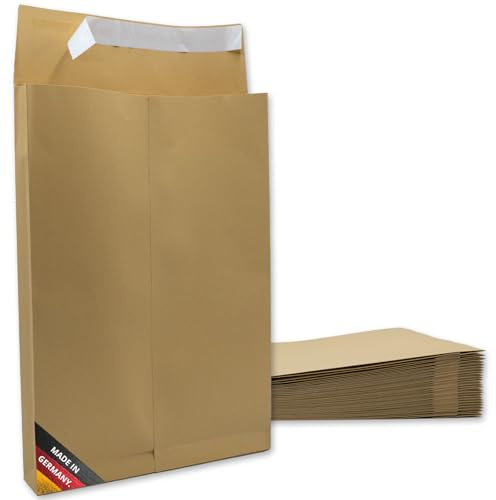 easydruck24de Versandtaschen B4 mit Falte braun 25 Stk. - az253 | Versandtasche mit Bodenfalte 25 x 35,3 x 4 cm, selbstklebender Verschluss, ohne Fenster, reißfest
