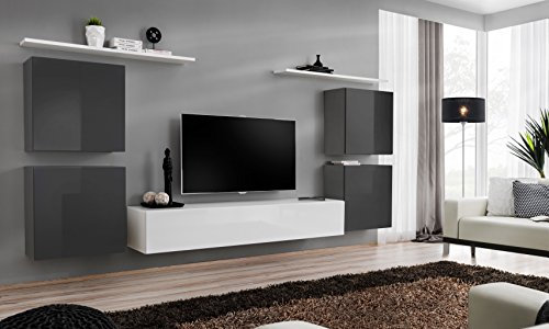 All4All Wohnwand SW 4 - Wohnzimmermöbel - Schrankwand für Wohnzimmer - Wohnzimmerschrank - Anbauwand Wohnwand Hängend - Modern - Grau+Weiß 21