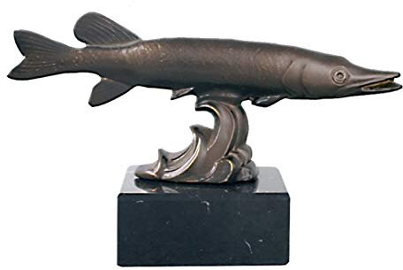 Henecka 🎣 Angelsport-Pokal, Metall-Guss-Figur Angler, Sportfischer Trophäe, Fisch Skulptur HECHT Bronze, Marmorsockel, mit Wunschgravur