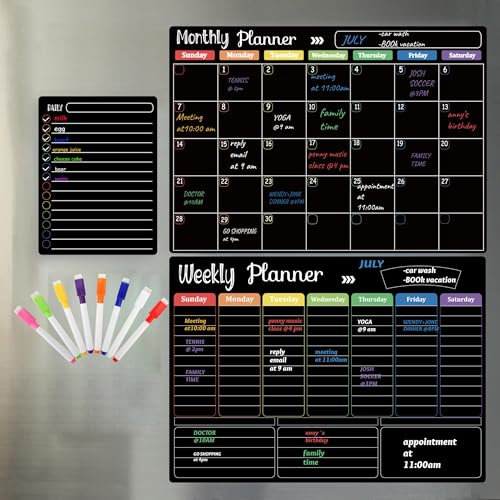Hivillexun Schwarzes, trocken abwischbares Tafel-Set – 3 Magnettafeln für Kühlschrank, monatlich, wöchentlicher Organizer und täglicher Notizblock, Wand- und Kühlschrank-Familientafeln