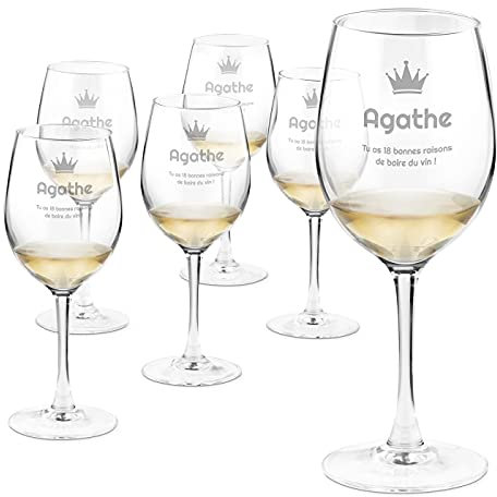 Maverton 6 Verres à Vin en Cristal pour elle - 6 Verres gravés 350 ml - Verre Personnalisé - Vin Rouge et Blanc - Cadeau d’anniversaire pour chaque Femme - Bonne raison