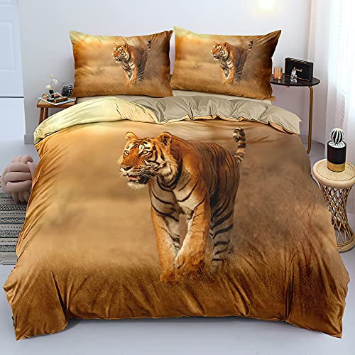 Gnomvaie Bettwäsche Tier 3D Tiger Thema 135x200 Braun Gelb Bettbezug Weich Mikrofaser mit Reißverschluss und Kissenbezug 80x80cm