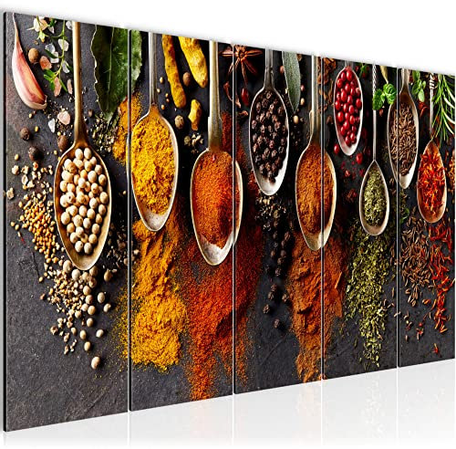 Runa Art Cuadro XXL Cocina Especias 200 x 80 cm Gris Multicolor 5 Piezas - Made in Germany - 041455a