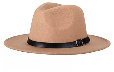Bamboopack Eleganter Fedora-Hut im Retro-Stil mit breiter Krempe und Gürtelschnalle, flache Jazz-Mütze für Tanzen, Hochzeiten, Bühnenaufführungen, Partys, Shows, Alltag, khaki, Medium