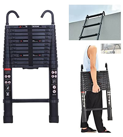 3.8 m Telescopic Ladder with Removable Hook, Multi-Purpose Ladder for Attic, Climbing Roof, Office Use, Construction Job, Extendable Aluminium Ladder, Non-Slip Steps, 150 kg Load Capacity (Black)